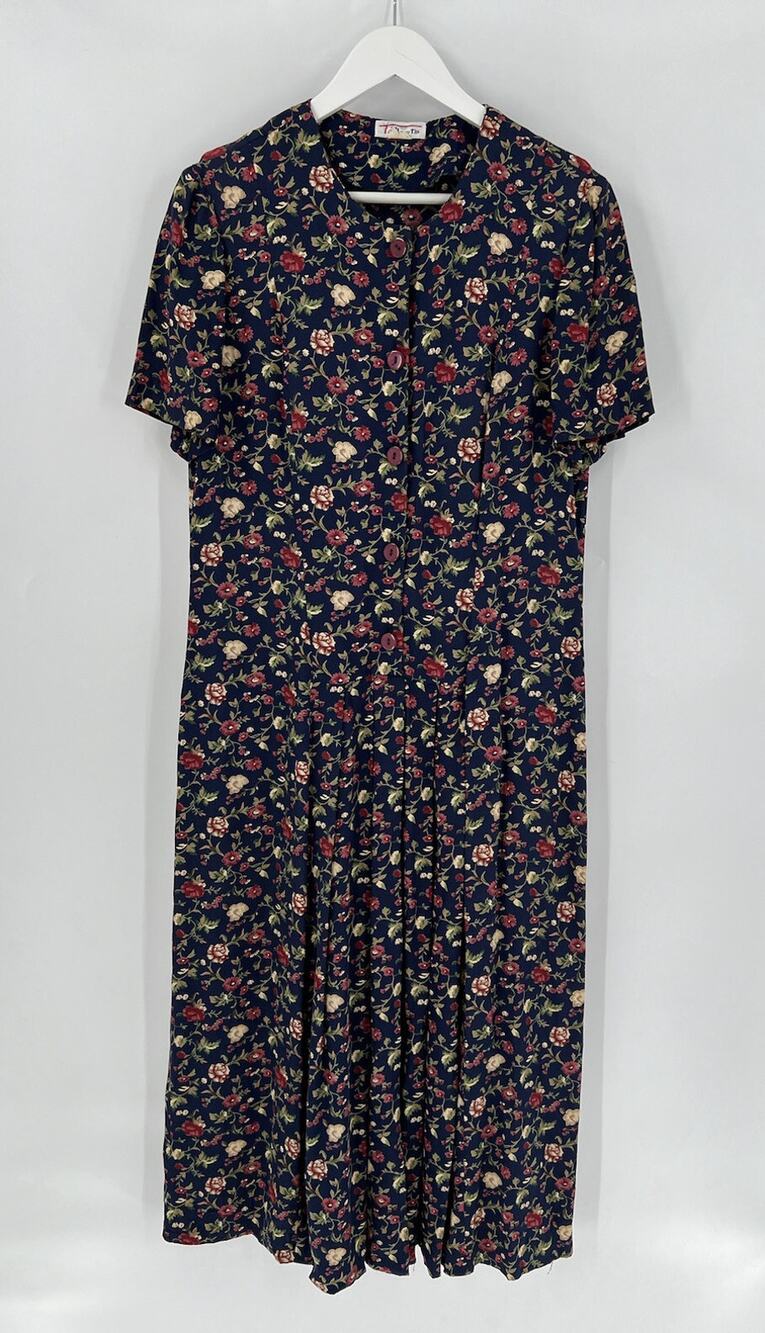 Vintage Talbots Floral Maxi Dress Button Front Pleated Cottagecore Blue 90s M